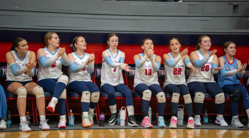 Pine Grove volleyball players clap and cheer from the team bench.