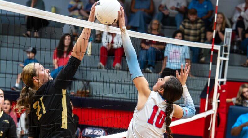 Two volleyball players reach for the ball above the net.